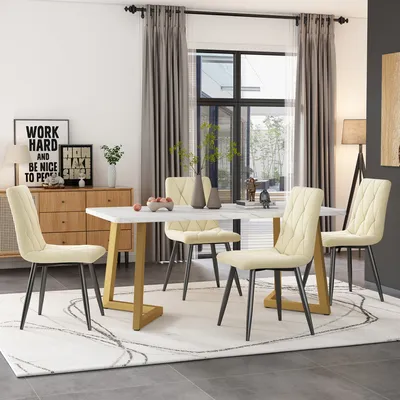 Produktbild von Flieks Sitzgruppe Essgruppe 5-tlg, Esstisch mit 4 Stühlen, Küchentischset Polsterstühle mit Samtbezug, Rechteckig Esstisch mit Golden Metallbeinen, Beige