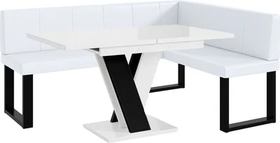 Produktbild von MEBLINI Eckbank für Esszimmer mit ausziehbarem Tisch  - Küchenbank - Essecke - Sitzecke Küche - PETER - U-Beine 128x168x87cm Rechts - Weiß Kunstleder/M Weiß-Schwarz Hochgl.
