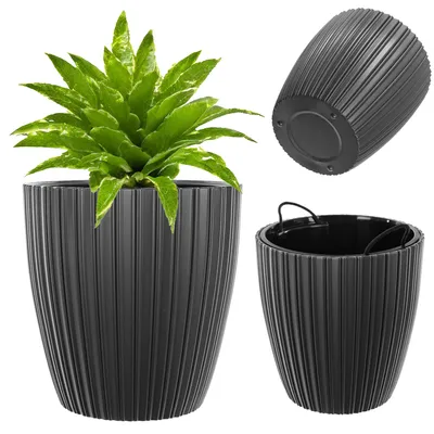Produktbild von KADAX Übertopf Ø 24 cm mit Inneneinsatz, Runder Pflanztopf, Blumentopf aus Kunststoff, Pflanzentopf für Innen und Außenbereich, Blumenübertopf (Anthrazit)