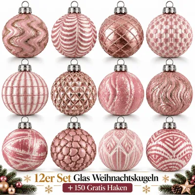 Produktbild von Weihnachtskugeln Glas 12er Set Christbaumkugeln Baumschmuck Kugeln Rosa Pink N8