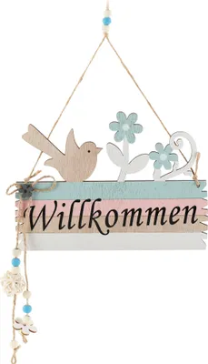 Produktbild von COM-FOUR® Türschild "Willkommen" - Deko-Schild Frühling aus Holz mit Kordel zum Aufhängen - Oster-Deko Schild für die Haustür