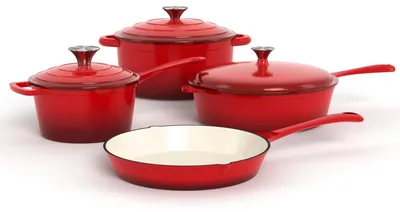 Image de Omgoods - Ensemble de 7 poêles en fonte émaillée avec une cocotte en fonte rouge