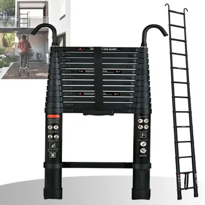 Image de Échelle télescopique - Échelle extensible - Longueur 3,8 m - 12 échelons - Espacement entre les échelons : 30 cm - Charge maximale : 150 kg - Aluminium - Noir