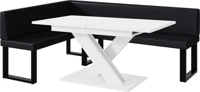 Produktbild von MEBLINI Eckbank für Esszimmer mit ausziehbarem Tisch  - Küchenbank - Essecke - Sitzecke Küche - ERIC - U-Beine 142x196x87cm Links - Schwarz Kunstleder/B Weiß Matt