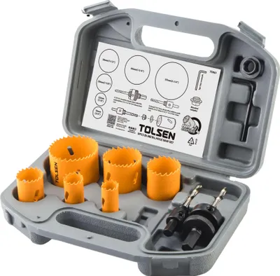 Produktbild von Tolsen Bi-Metall-Lochsägen-Set 9-teilig - Größe 19 bis 57 mm - Inkl. Aufnahmedorne und Adapter - Im Kunststoffkoffer - Maxami