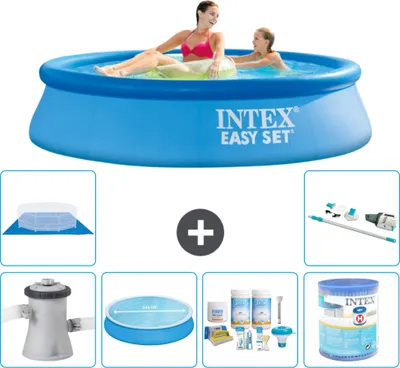Produktbild von Intex runder aufblasbarer Easy Set-Schwimmpool – 244 x 61 cm – Blau – inklusive Pumpe Sonnensegel - Wartungspaket - Filter - Bodenplane - Staubsauger