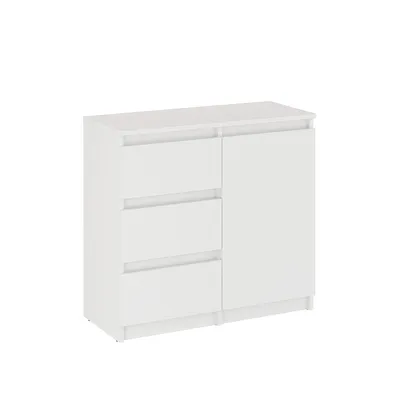 A white dresser with three drawers and a cabinet door, shown from a front-side angle against a white background.