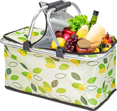 Produktbild von Thermo Picknickkorb Faltbar – Großer Isolierkorb als Einkaufskorb & Kühltasche 30L blätter