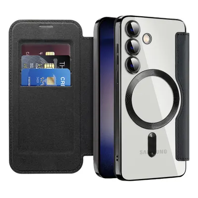 A black flip case with card slots is open next to a clear phone case with a magnetic ring and camera lenses.