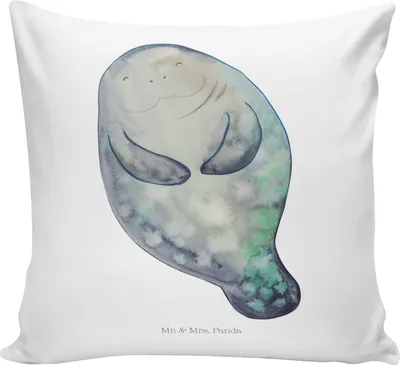 Produktbild von Mr. & Mrs. Panda Dekokissen Sofa Seekuh Happy - Weiß - Geschenk, Kissen, Meer, Seekühe, Lounge, kuschelkissen 40x40, bedruckt, couch, Deko, Respekt, Freundin, Neustart