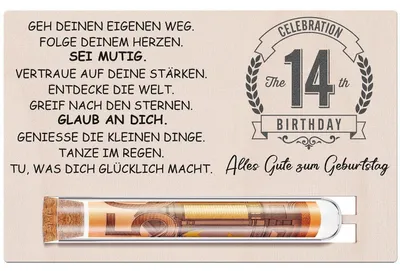 Produktbild von Geschenkset 14. Geburtstag mit Holzkarte und Reagenzglas für Geldgeschenke