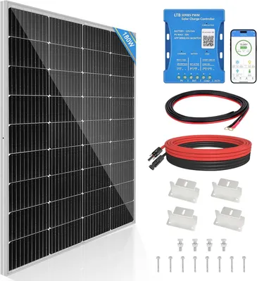 Imagen del producto de Kit de panel solar de 180W y 12V, con regulador de carga Bluetooth y soportes en forma de "Z"