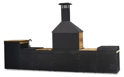 Produktbild von Elegante Außenküche in Schwarz aus Holz und Edelstahl