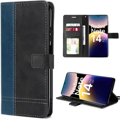 Image de Coque pour Xiaomi Redmi Note 14 Pro 5G, Protection Cuir Synthétique Anti-Rayures Bleu Marine/Noir