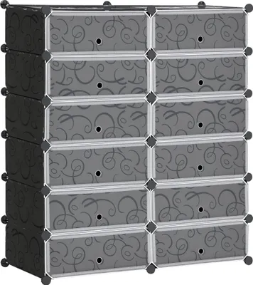 Produktbild von Schuhregal, 12 Aufbewahrungsboxen für 24 Paar Schuhe, Kunststoff, Schwarz+Weiß