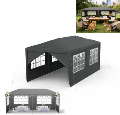 A dark gray party tent shown from multiple angles, including a lifestyle shot with people and dogs in a park setting, and a product shot with tables and chairs inside.