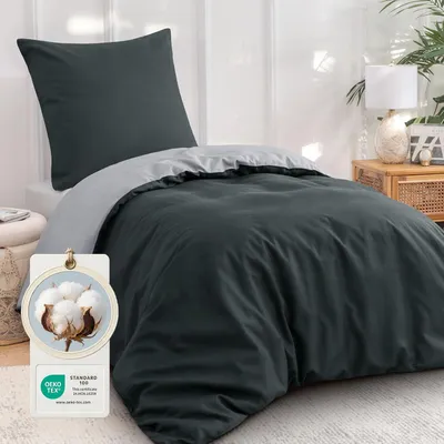 Imagen del producto de TRANKIELO® - Juego de ropa de cama 140x200 cm - Algodón, color gris antracita - Reversible, con cierre de cremallera y funda de almohada 80x80
