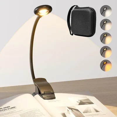 Immagine prodotto di Lampada da lettura Ibenzoa® con morsetto per libri – collo di cigno flessibile a 360°, ricaricabile tramite USB-C, 5 temperature di colore, dimmerabile, compatta con custodia da trasporto
