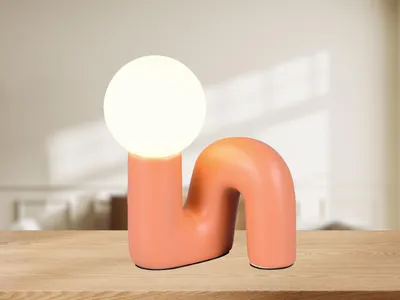 Produktbild von Ausgefallene LED Tischlampe Design Keramik Apricot, Glaskugel Weiß, Höhe 21,5cm
