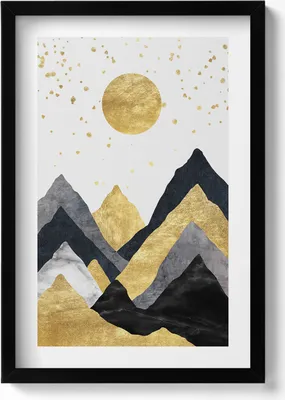 Produktbild von Abstrakte Landschaft mit goldenen Bergen und Sonne– Wandbild mit Rahmen – Gerahmtes Bild  – Wanddekoration – 40x60 cm –  Schwarz
