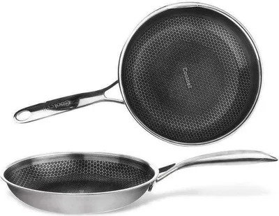 Two views of a stainless steel frying pan with a honeycomb pattern on the cooking surface.