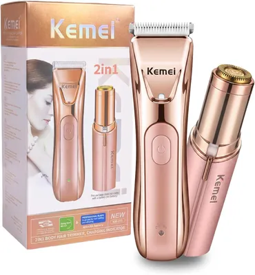 Produktbild von KEMEI 2-in-1 Elektrischer Damenrasierer & Trimmer, Kabelloser Haartrimmer Intimbereich, Keramikklinge & LED Licht, Sanfte Haarentfernung für Gesicht, Bikinizone, Achseln, Beine (Champagne)