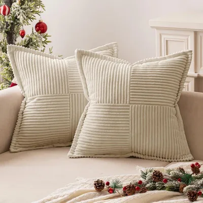 Produktbild von 2er Set Kordsamt Weihnachten Kissenbezš¹ge Samtkissen Weich Dekokissen Dekorativ Kissenbezug Modern Kissenhš¹lle Sofakissen Zierkissen Couchkissen fš¹r Wohnzimmer Schlafzimmer Creme 45x45 cm