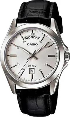 A close-up studio shot of a men's Casio watch with a black leather strap.