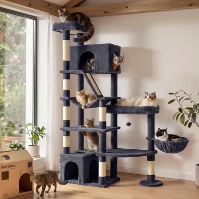 Produktbild von FEANDREA Kratzbaum für Große Katzen, Stabil mit 6 Ruhebereichen und Sisalstämmen, 105 x 45 x 188 cm, Grau