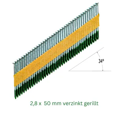 Produktbild von Streifennägel 34° 2000 Stück  2,8 x 50 mm D-Kopf verzinkt & gerillt kompatibel Milwaukee Tjep Hikoki