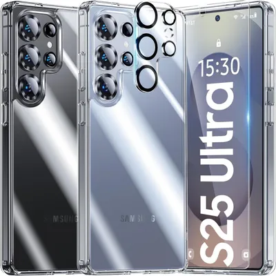 A collage of clear phone cases with camera lens protectors, showcasing different angles and the phone screen.
