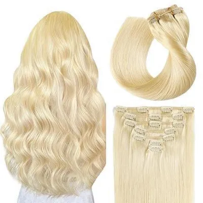 Obrázok produktu pre Clip-in predlžovanie vlasov, prírodné vlasy, rovné, 55 cm (22 palcov), 100 g, farba #613 (svetloblond), 7 kusov