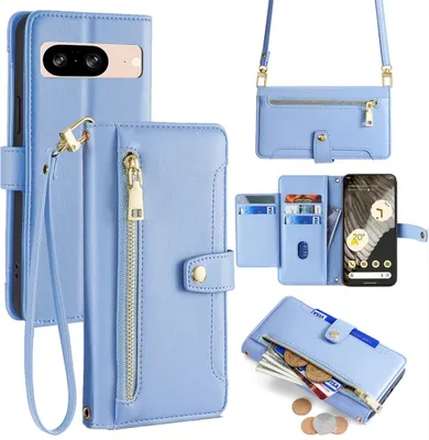 Produktbild von Handykette Google Hülle mit Band Handyhülle Kartenfächer Kunstleder Umhängetasche Pixel 7 Pro Hellblau