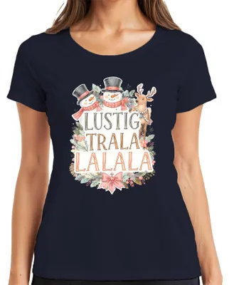 Zdjęcie produktu dla LUSTIG TRALA LALALA Christmas Snowman Reindeer Cute Retro Ladies T-Shirt, Granatowy, XL