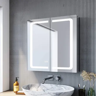 Produktbild von SONNI Spiegelschrank Bad LED mit Beleuchtung Aluminium Rasierer-Steckdose Beschlagfrei Touch 65x65cm Kabelloses Scharnier Design