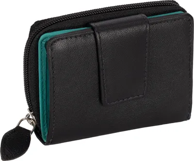 Produktbild von Kleine RFID Damen Geldbörse Kompakt Portemonnaie Mini Damenbörse Echt Leder SCHWARZ-TÜRKIS