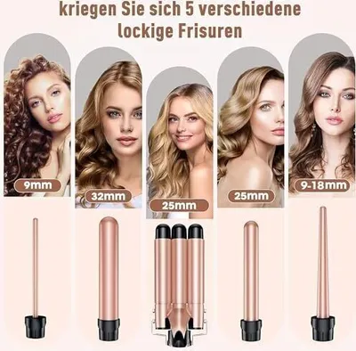 Produktbild von 5 in 1 Lockenstab Set mit 4 Fässer, Lockenstab Große Locken Lockenstäbe Einstellbare Temperatur Lockenwickler mit Welleneisen Keramikbeschichtung Curling Wand Set