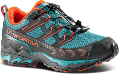 Wanderschuh für Kinder "Ultra Raptor II Junior GTX" von La Sportiva in Türkis und Orange mit Schnellschnürsystem.