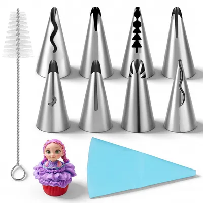 Produktbild von 10tlg. Spritzbeutel & Tüllen Set mit 8 Edelstahl Tüllen, wiederverwendbar, Backzubehör für Torten & Gebäck