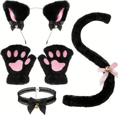 Produktbild von 4 Teile/satz Katze Kostüm Cosplay Zubehör Set Plüsch Material Katze Ohr Stirnband Glocke Halskette Klaue Handschuhe Schwanz Set-Schwarz