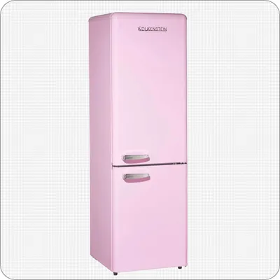 Produktbild von Wolkenstein Kühl-Gefrierkombination Retro Pink für 4 Personen mit 2 Türen, 3 Glasablagen, 3 Gefrierschubladen, verchromten Metallgriffen, Eiereinsatz für 8 Eier und LED-Beleuchtung