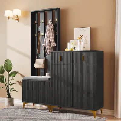 A hallway furniture set including a coat rack, bench, and shoe cabinet.