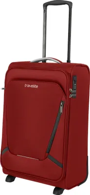 A red travel suitcase with a telescopic handle and a TSA lock.