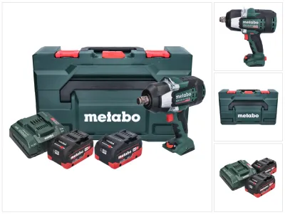 A collage of images showing a Metabo cordless impact wrench, its case, and batteries.
