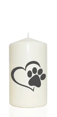Produktbild von Spruchkerze, Tier-Pfote mit Herz / Hund Katze, grau, 14cm, 480g Ø8cm, Trauer-Kerze mit Spruch, Brenndauer ca 55 Std