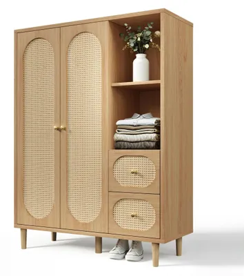 Produktbild von Kleiderschrank Country Style - Garderobenschrank - Landhaus Design - Eiche Holz - 161x120x44 cm - 2 Türen & 2 Schubladen - Offene Regale - Für Schlafzimmer & Flur - Eiche