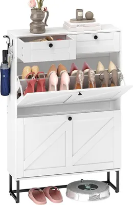 Imagen del producto de Armario para zapatos, estrecho, de color blanco, con 2 puertas y 2 cajones