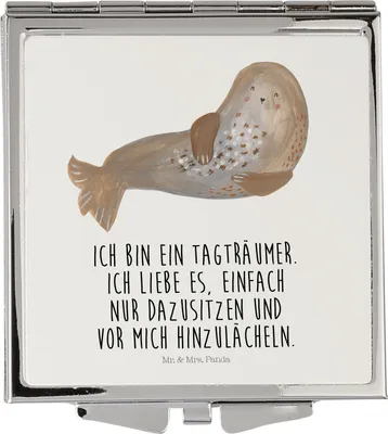Produktbild von Mr. & Mrs. Panda Schminkspiegel Robbe Lachen - Weiß - Geschenk, Ostsee, Strand, Robben, Lustige Sprüche, Klappbarer Spiegel, Meerestier, Nordsee, Handspiegel, Frauen