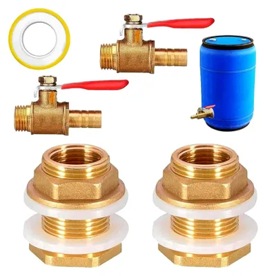Produktbild von 4 Stück Messing Tankverschraubung, 3/4 Zoll Außengewinde und 1/2 Zoll Innengewinde, inklusive 2 Absperrventile, für Wasserhähne, Wassertonnen und Wassertanks