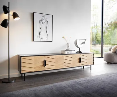 Produktbild von DELIFE Lowboard Muvi 200 cm Eiche Natur Mango Schwarz Metall Schwarz 4 Türen